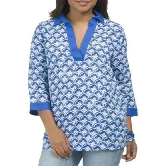 Sigrid Olsen 100% Linen Blouse Size Medium Blue white 3/4 Sleeve Shirt Resort - Picture 1 of 10